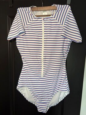 Kona Sol White One-Piece Swimsuit with Blue & Red Stripes and Front Zip